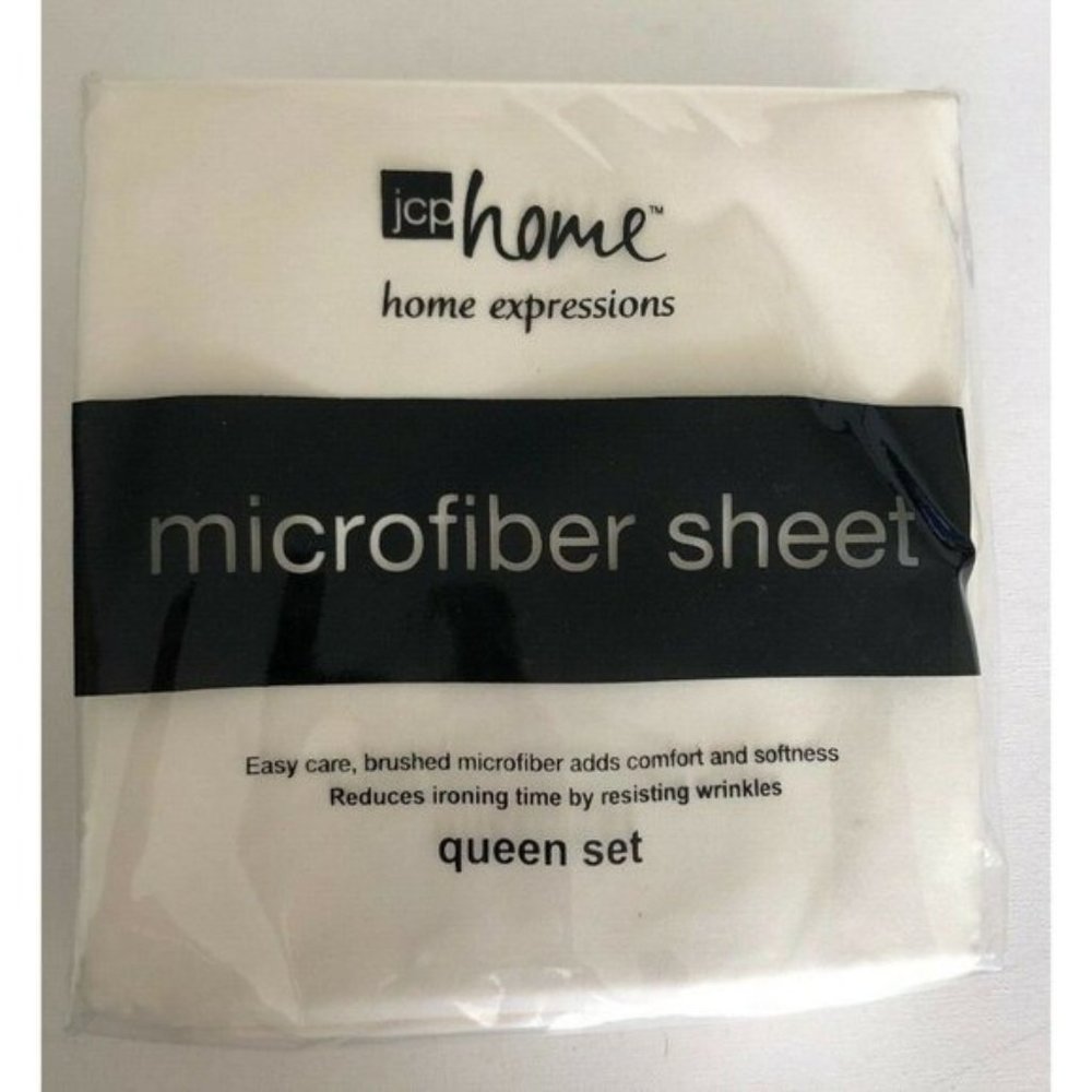3 pc Set JCP HOME Queen FLAT Sheet & 2 Pillow Cases Solid Vanilla Microfiber New